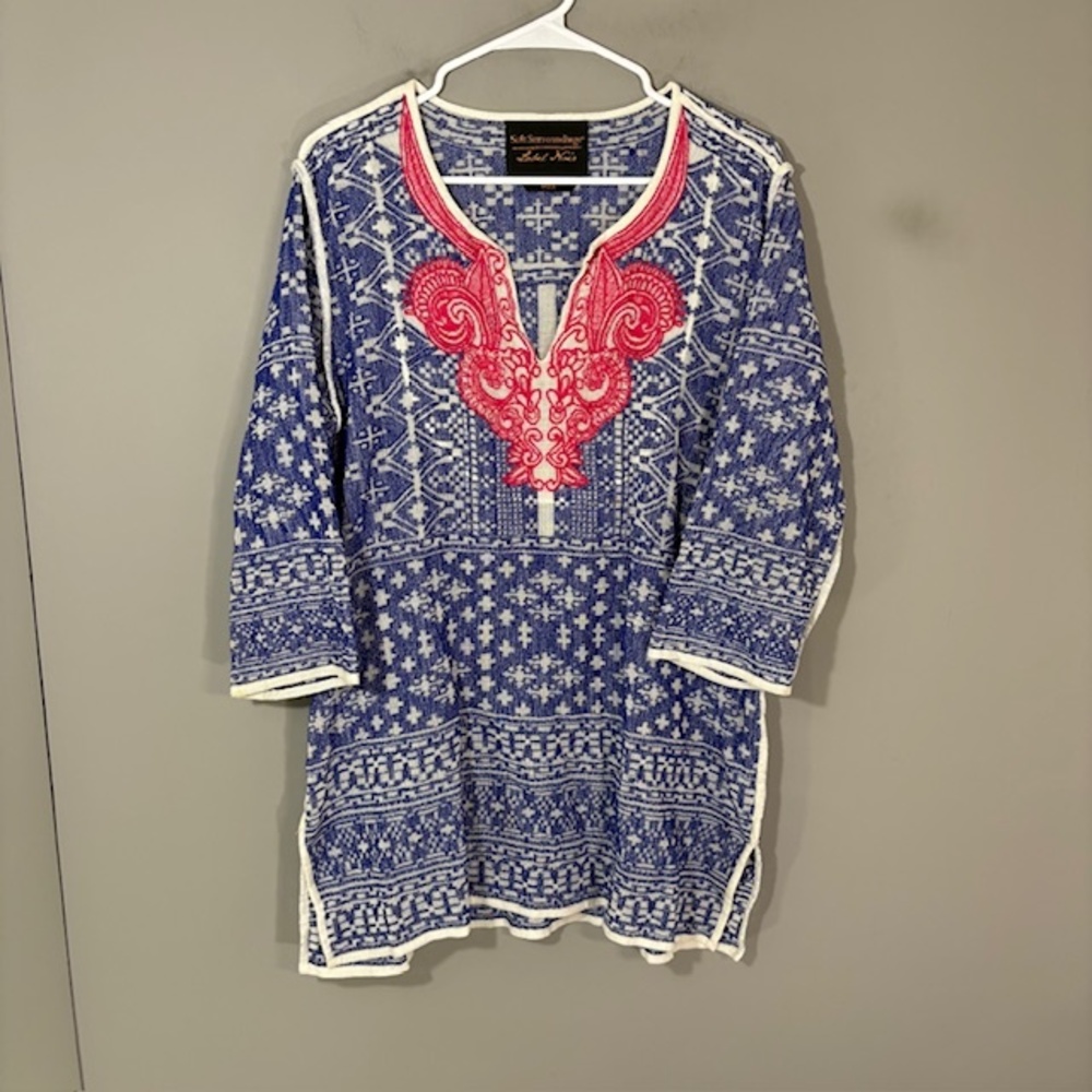 Soft Surroundings Blouse Womens Petites PL Blue Embroidered Boho Tunic Top